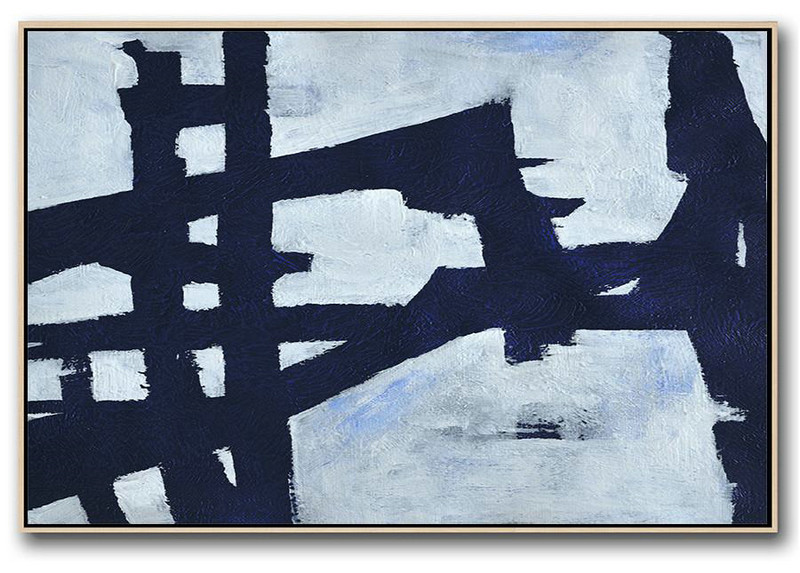Horizontal Abstract Painting Navy Blue Minimalist Painting On Canvas,Hand Painted Acrylic Painting #B5H1